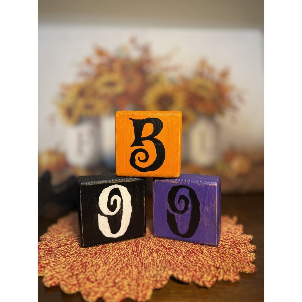 Halloween Decor BOO Wooden Block Handmade Set Primitive Farmhouse Tiered Rustic